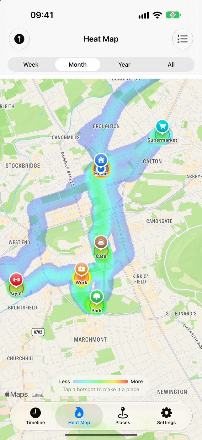 A heat map of a month around Edinburgh, with named places pinned